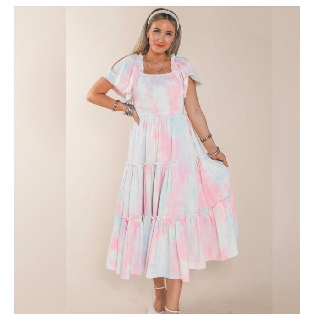 Ivy City NWT Cotton Candy Dress Midi Smocked Tiered Short Sleeve Blue Pink Large